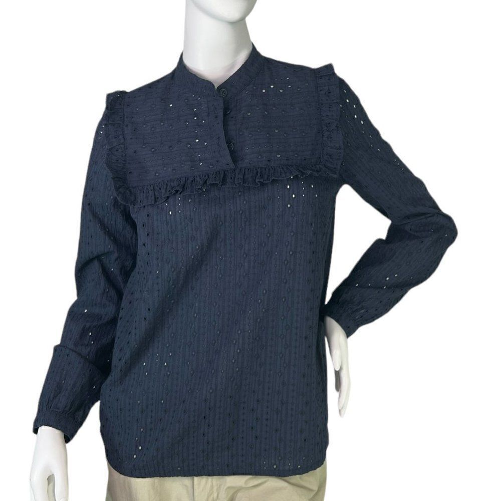 People Tree Aliza Broderie Ruffle Top Blouse Navy Blue Eyelet Lace Size 6